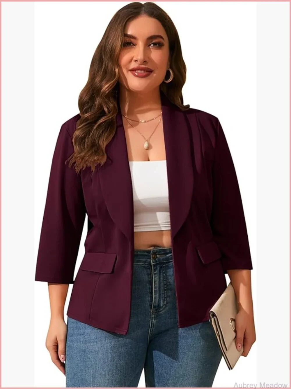 Plus Size Pocketed Blazer 3/4 Sleeve Open Front Casual Suit Jacket